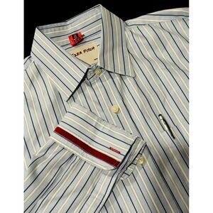 Ezra Fitch Shirt Men‎ XL Blue White Stripe Flip Cuff Red Abercrombie Cotton EUC